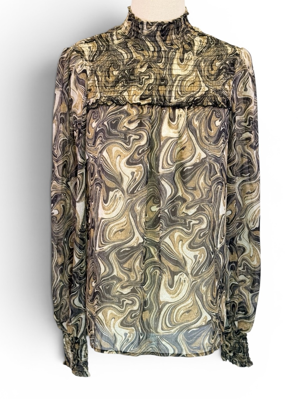 Haver London Smocked Neck Long Sleeve‎ Abstract Printed Blouse Women's Size S